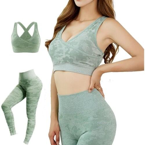 2 Piece Set Women Sportwear Leggings Fitness Camouflage High Waist Pants Quick Dry Sports Top Workout Gym Clothing Set