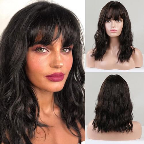 Dark Black Brown Medium BoBo Deep Wavy Curly Synthetic Hair Wigs with Full Bangs Cosplay Heat Resistant Wigs for Black Women