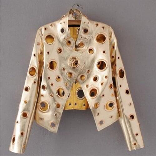 Wenfly Women Fashion Stand Collar Pu Jacket Coat Punk Loose Bright Hollow Out Metal Ring Decoration Hip Hop Outerwear