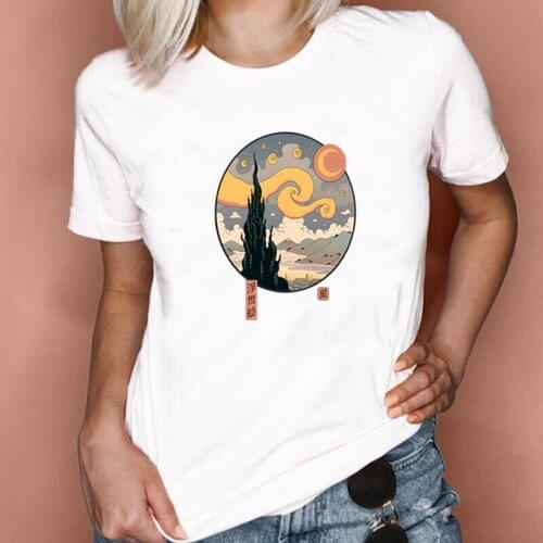 Summer Vintage Casual Short Sleeve Tshirt Harajuku Shirt Tee Shirt Femme Fashion Starry Ukiyo-e Night Print T Shirt Women Tops