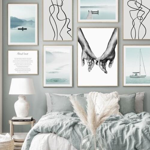 Hold hands Nordic Poster Water Ripples Go to Sea Line Abstract Wall Art Print Canvas Painting Wall Picture For Living Room Decor