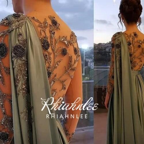 Rhiahnlee Green Sexy Evening Dresses 2021 Long Sleeve Dubai Beading A Line Plus Size Evening Gowns Real Dresses