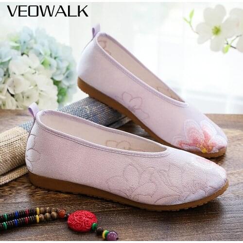 Veowalk Women Soft Cotton Fabric Embroidered Ballet Flats Comfortable Ballerinas for Ladies Slip On Walking Teacher Shoes