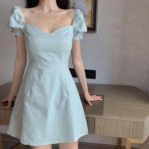 Elegant Female Knee-Length Dress Summer Beach Dress Women Square Neck Solid Slim Bubble Sleeve Dress