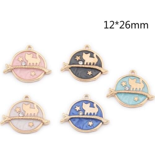 10pcs/Lot New Zinc Alloy Drop Oil Cat Stars Pattern Round Shape Fashion DIY Jewelry Accessories Enamel Charm