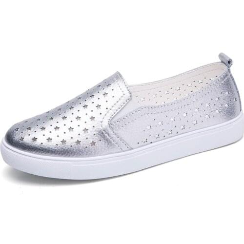 2019 Fashion New Genuine Leather Flats Platform Slip on Loafers Shoes for Women Mocasines Mujer Black White Stars Shoes Woman