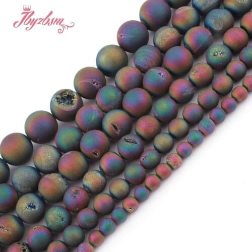 8,10,12mm Round Beads Rainbow Metallic Coated Druzy Agates Stone Beads For Necklace Bracelets Jewelry Making 15" Free Shipping