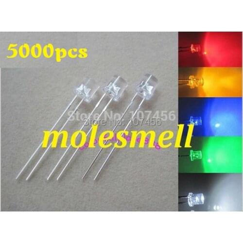 Free shipping 5000pcs=5Valuex1000pcs 5mm Red Yellow Blue Green White Flat Top LED Wide Angle Bright Leds 1000pcs each color kit
