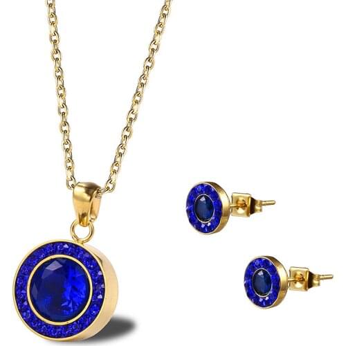 Shiny Blue Zircon Necklace And Stud Earring Creative Stainless Steel Jewelry Set For Woman Gift Never Fade Drop Shipping