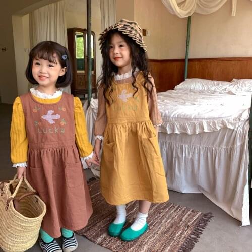 Childrens Vest Dress Autumn 2021 New Girls Simple Solid Color Cute Embroidered Flower Vest Dress Kids Dresses for Girls