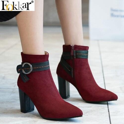 Eokkar 2020 Women Ankle Boots Square High Heel Pointed Toe Zipper All Match Elegant Winter Boots Ladies Shoes Size 34-43