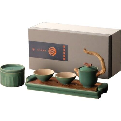 Five elements ceramic tea set household simple Japanese Kungfu Ru kiln express teapot teacup portable travel tea making gift box