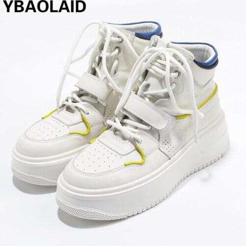 Leather Cross-lace Velcro Thick-soled Casual Shoes 2021 Autumn and Winter New Fashion All-match White Sports High-top Shoes