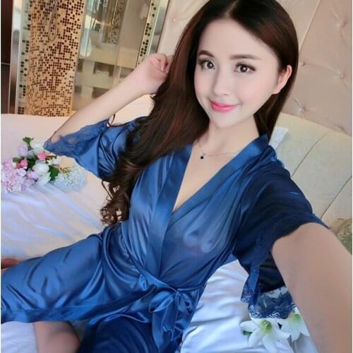 Summer single robe woman sexy seduces five-point sleeved all-naked ice silk conjoined home bathrobe