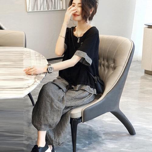 Fashion Cotton and Linen Suit Womens New Summer Plaid Short-sleeved Casual Jacket Linen Two-piece Trendy Wide-leg Pants