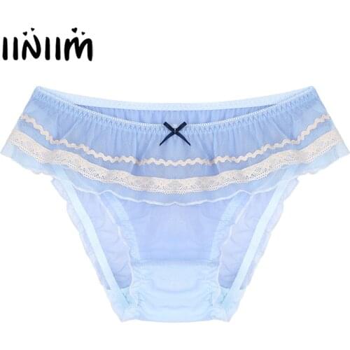 Mans Solid Color Panties Sissy Crossdress Sexy Briefs See-through Mesh Elastic Waistband Ruffle Trim Cute Briefs Gay Underwear