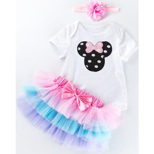 0-2 Years Baby Girls Birthday Clothing Set Minnie Mickey Cartoon Romper Newborn Layered Tutu Skirt and Headband 3 Pcs Outfit
