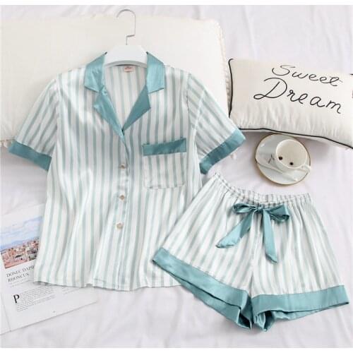 Creation 101 Womens Pajamas Silk Two Piece Set Sleepwear Satin Pijama Pyjama Short Sleeve Shirt + Shorts Homewear Night Suits