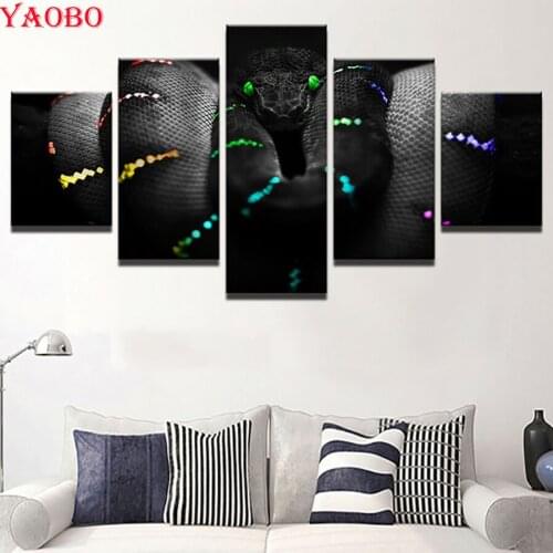 Full Square Round 5D DIY Diamond Painting 5 Panel Black Snake Animal 3D Embroidery Cross Stitch Rhinestone Paining Mosaic art