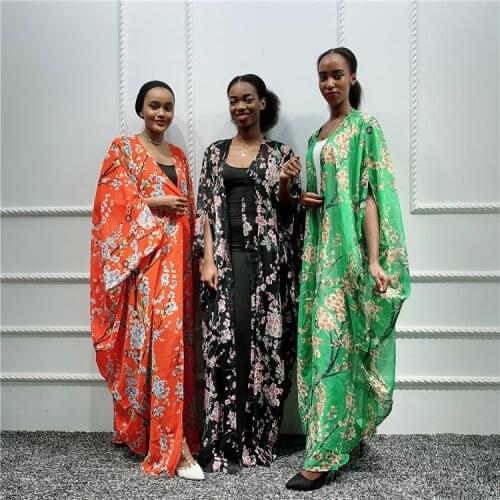 Casual Muslim Abaya Print Maxi Dress Bat Sleeve Cardigan Long Robe Gowns Festival Ramadan Party Worship Service Islamic Clothing
