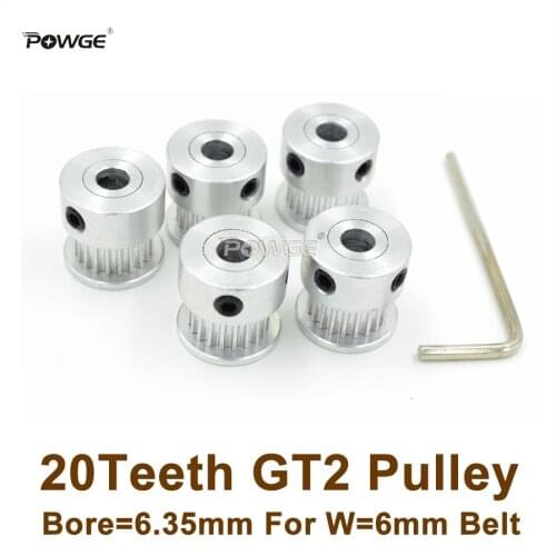 POWGE 5pcs 20 Teeth 2GT Timing Pulley Bore=6.35mm Fit Width=6mm 2GT Timing Belt 3D Printer Parts 20T 20Teeth GT2 Pulley