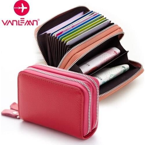 Luxury Brand Business Card Holder Wallet Women Men Genuine Leather RFID Credit ID Card Wallet Unisex Double Zipper Coin Purse