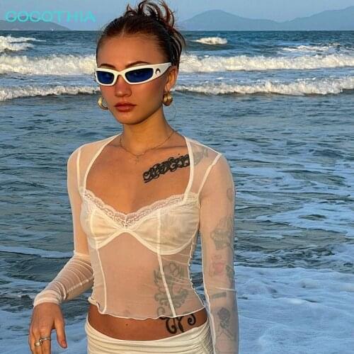 COCOTHIA Sexy Sheer Mesh Patchwork Lace Long Sleeve Bodysuit Crop Top Summer Beach Vacation Street Y2K 90s Aesthetics T-Shirts