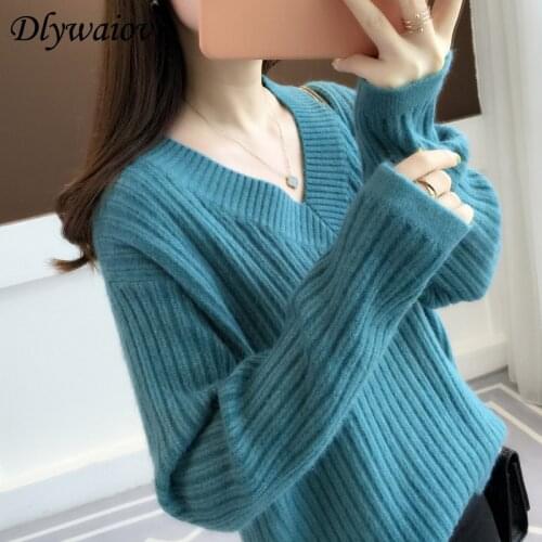 2020 Cashmere Loose V-neck Sweater Women Korean Pullovers Tops Casual Keep Warm Female Knitting Elasticity Sweater Winter New