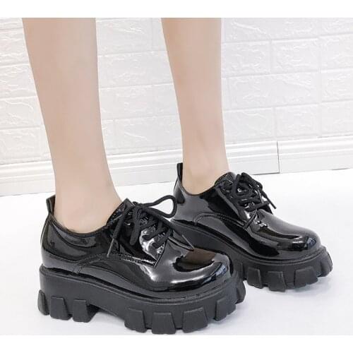 Lucyever Black Patent Leather Women Flat Shoes Thick Sole Platform Shoes Woman 2020 Autumn Casual Lace Up Fashion Female Shoes