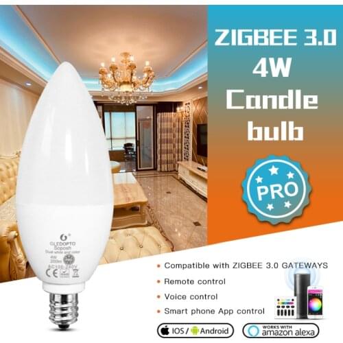 GLEDOPTO ZigBee 3.0 RGB+CCT Smart Candle Bulb Pro 4W E12/E14 App/Voice/RF Control Work With Amazon Echo Plus Alexa 2000K-6500K