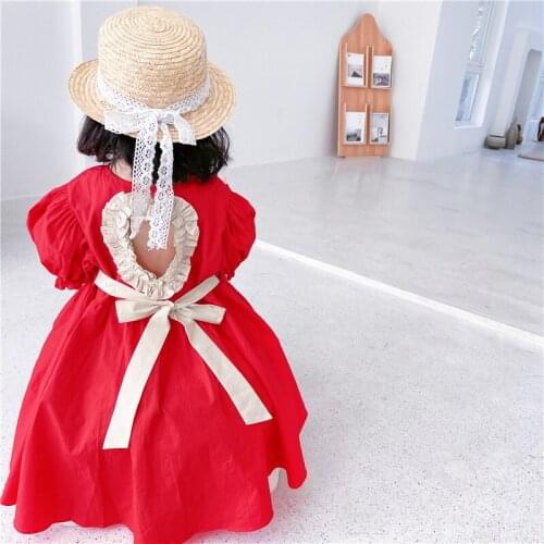 Lolita Toddler Girls Open Back Red Cotton Dress for Summer Kids Sundress with Belt Children Beach Clothing