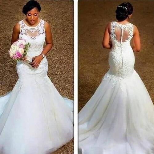 Gorgeous Mermaid African Wedding Dresses Appliques Lace Tulle Sleeveless Trumpet Black Bride Wedding Gowns Elegant Bridal
