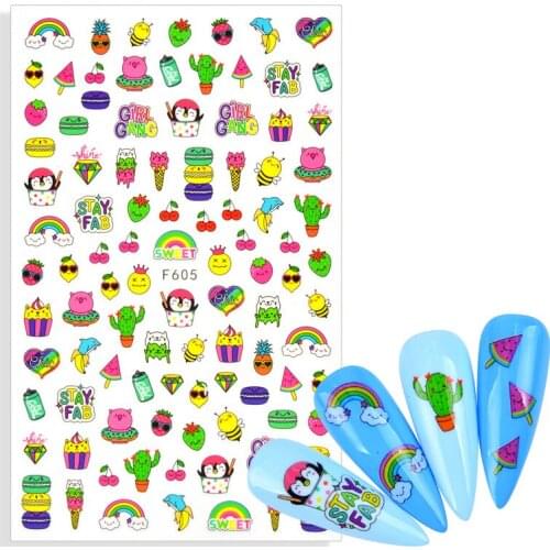 1 Sheet Banana Avocado Fruits 3D Sticker For Nail Art Cartoon Cactus Penguin Rainbow Pineapple Adheisve Nails Decoration