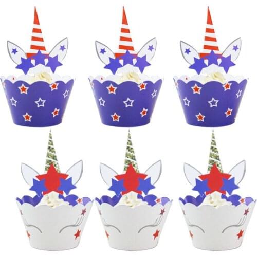 24pcs Double Sided Blue Star Cake Cupcake 12pcs Wrappers + 12pcs Topper Birthday Wedding Party Cake Decoration Supplies
