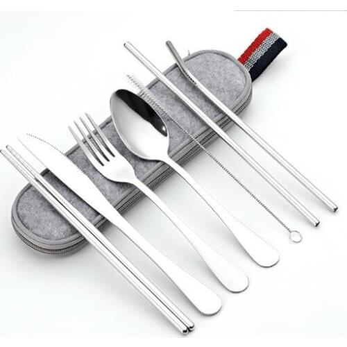 304 stainless steel knife fork spoon straw chopsticks travel portable bag set of outdoor tableware