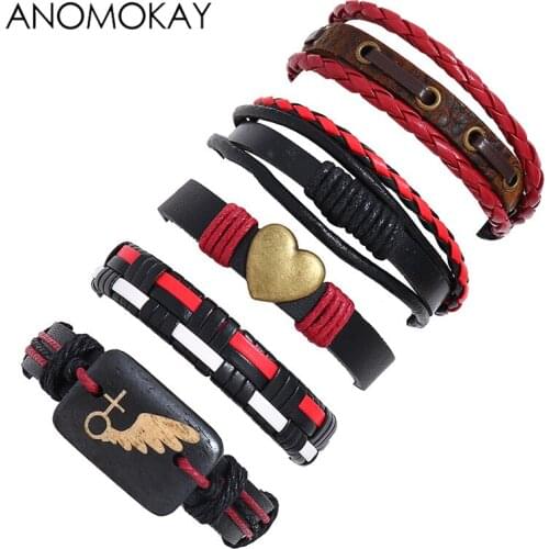 5 Pcs/Set Anomokay Punk Series Handwork Weave Leather Strap Bracelet Heart Decoration Vintage Bracelet for Men Casual Gift