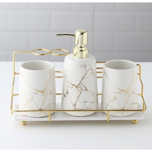 Imitation Marble Bathroom Decoration Accessories, Toothbrush Holder Ceramic Toothpaste Dispenser, Lotion Bottle, Soap Dish, Tray