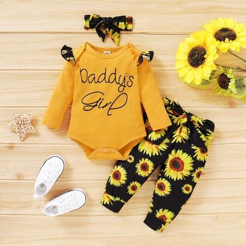 Baby Girl Bodysuit Outfits Infant Girl Letter Print Bodysuit+Solid Colors Pants+ Headband Outfits Set Cute Newborn Clothes