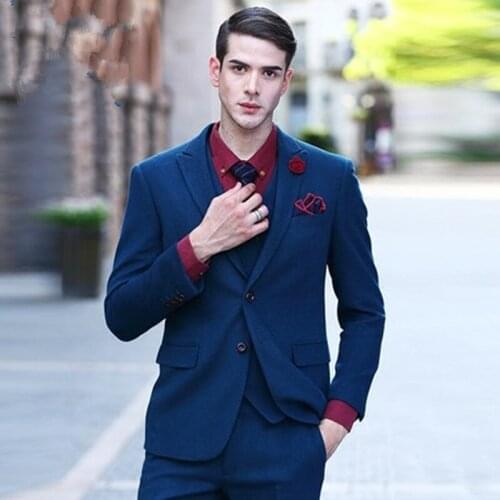 Three Piece Navy Blue Formal Business Slim Dress Set Three Piece Solid Color Two Button Suit Work Wear (jacket+vest+pant)