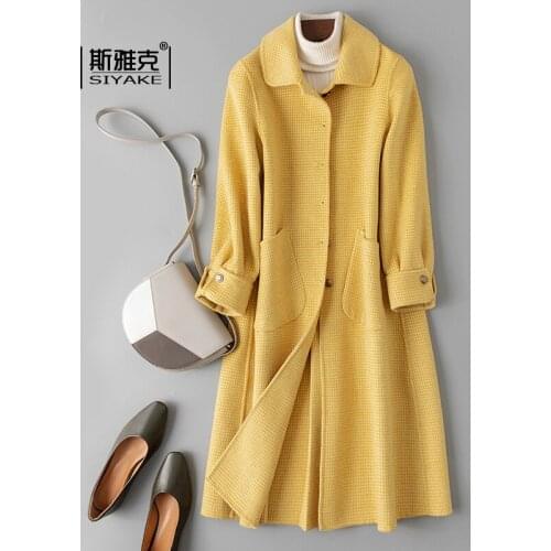 Yellow Plaid Double Faced Cashmere Overcoat Womens Doll Collar Mid Long New High-end Wool Jacket Fashion