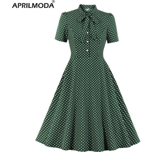 Elegant Polka Dot Women Dress Female Casual Short Sleeve Office Chiffon Print Jurken s A-line 50s Vintage Rockabilly Clothing