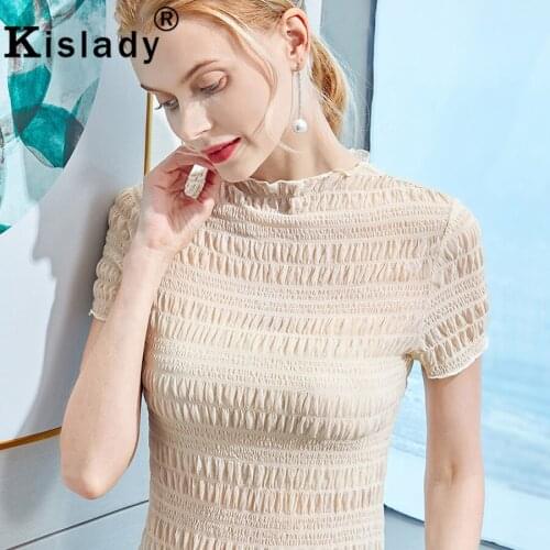 Kislady 2020 Sexy Women Shirt See Through Transparent Mesh Stand Puff Sleeve Tops Shirt Korean Lace Hollow Out Solid Clothes