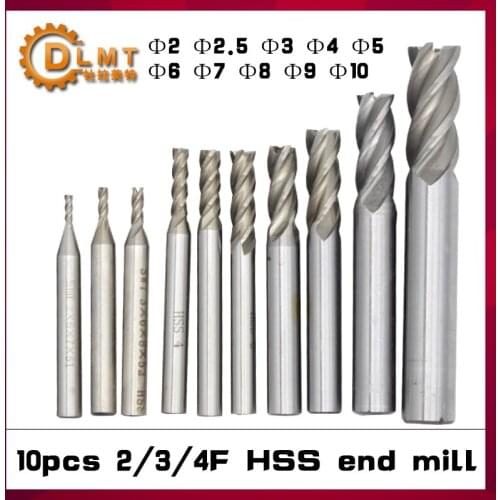 10pcs HSS 2mm 2.5mm 3mm 4mm 5mm 6mm 7mm 8mm 9mm 10mm 2 Flute 3 Flute 4 Flute End Mill CNC Cutter Drill Bit Tool