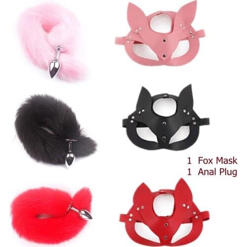 Cosplay Fox Mask Tail+Anal Plug Metal Anus Butt Plug Mask Sex Toys for Woman Half Cat Mask Party Sexy Adult Mask Game Masks BDSM