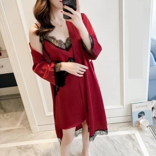 2019 NEW Summer Satin Robe Set Long Sleeve Lace Trim Sleepwear Nightgown Sexy Female Rayon Home Dress Sleep Suit Nightwear