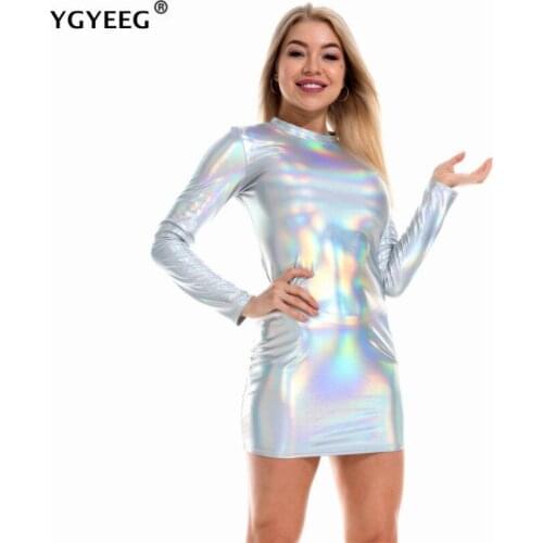YGYEEG Long Sleeve O Neck Bodycon Sexy Mini Dress Autumn Women Fashion Party Elegant Women Metallic Dresses Party Club Clothes