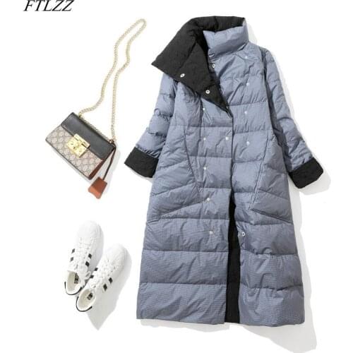 FTLZZ Winter Ultra Light Double Sided Long Down Jacket Women New Double Breasted Warm Down Coat Slim Puffer Parkas Long Outwear