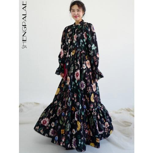 SHENGPALAE 2021 New Spring Autumn Women Vintage Loose High Waist Slim Was Thin Elegant Elegant Flowers Big Swing Maxi Dress