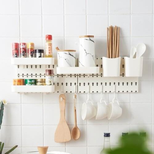 Nordic Simple Pegboard Hole Racks Punch-free Household Plastic Wall Storage Shelf with Hooks for Kitchen Bathroom Accessories