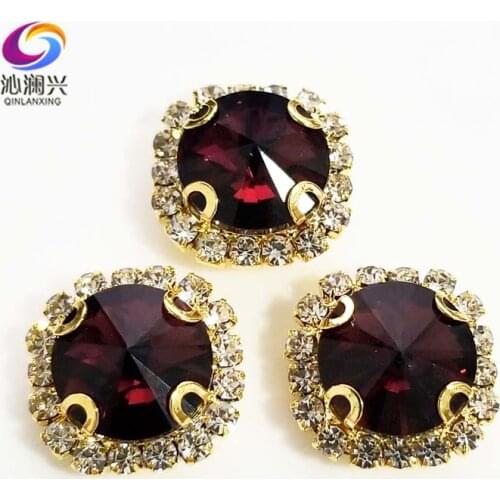 Wine red Round shape top glass crystal rhinestones with hole,golden bottom sew on stone for Diy Clothing accessories